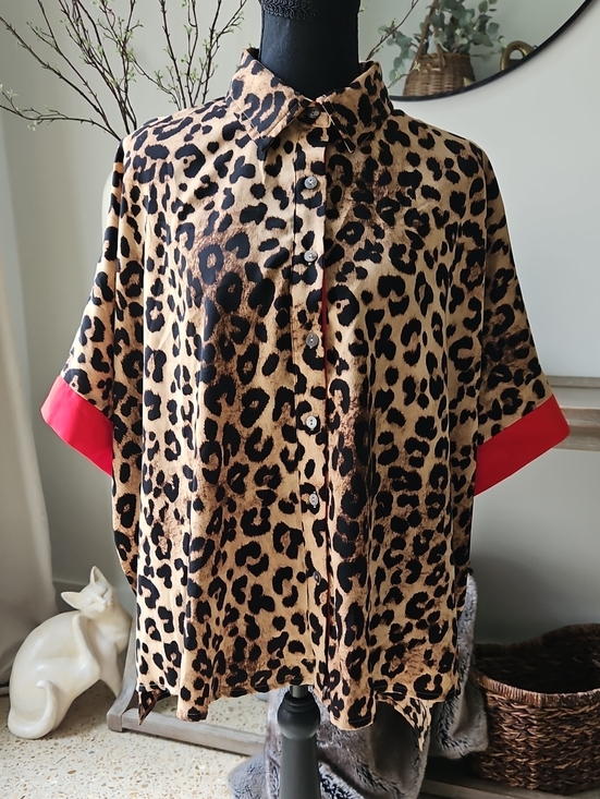 Oddi Tops - ODDI Leopard Print Button-Up Blouse with Red Cuff Detail. Size S